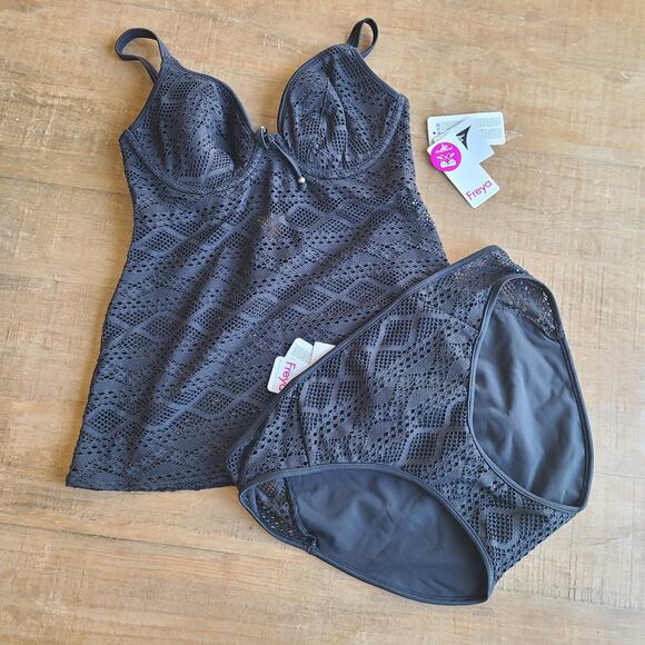 FREYA SUNDANCE Womens Black Underwire Padded TANKINI TOP Bikini Bottom 30DD / L - Picture 2 of 13